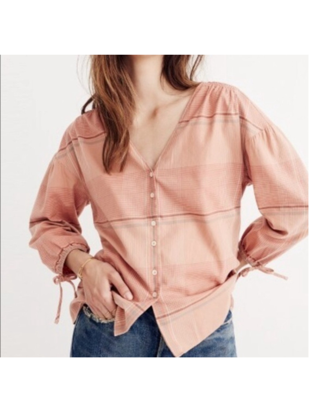 Madewell Morningview Shirt Peach Plaid Size M Tie Sleeve Cotton Blouse - Picture 7 of 7